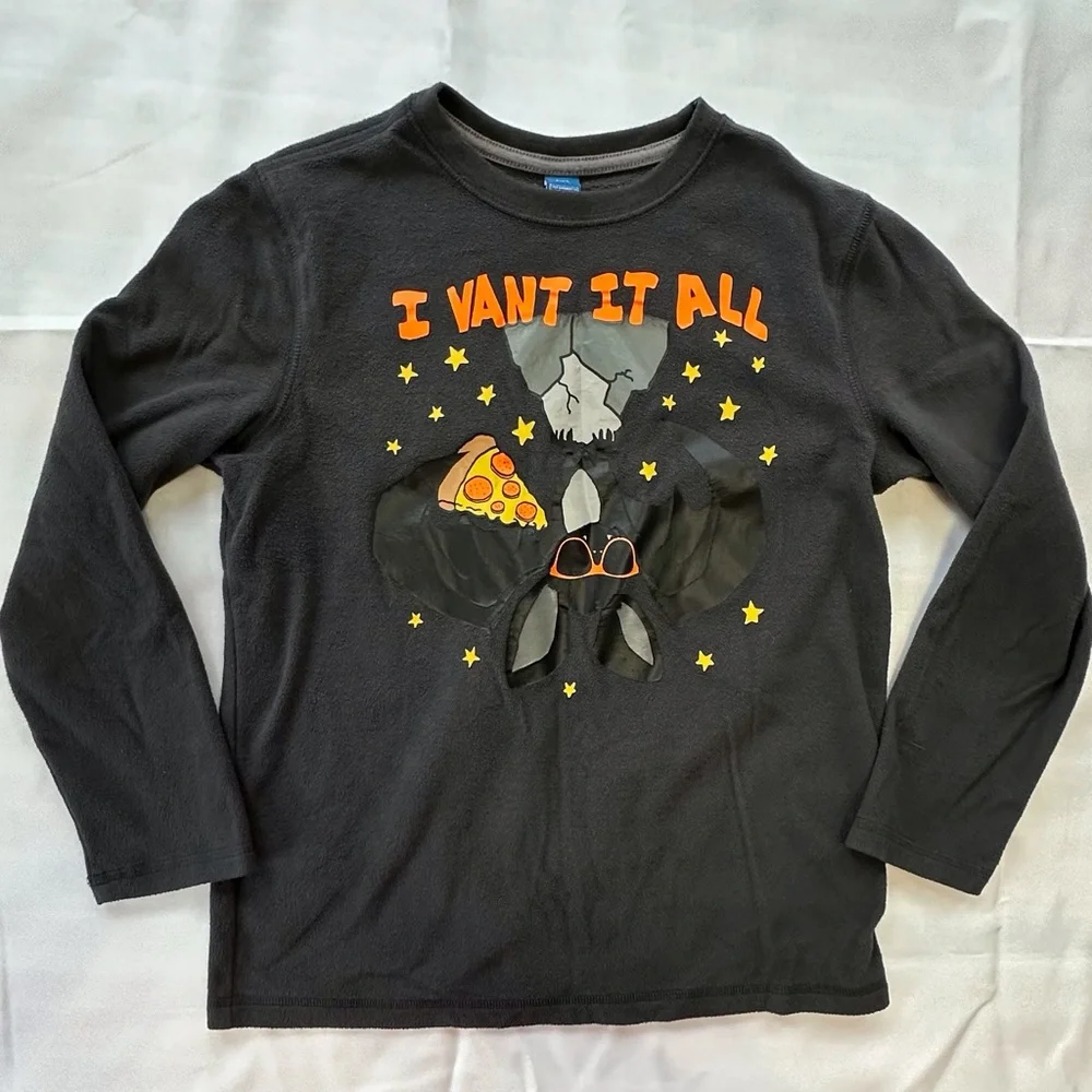 Old Navy Halloween theme‎ dark gray fleece pajama set boys L 10-12 bats pizza